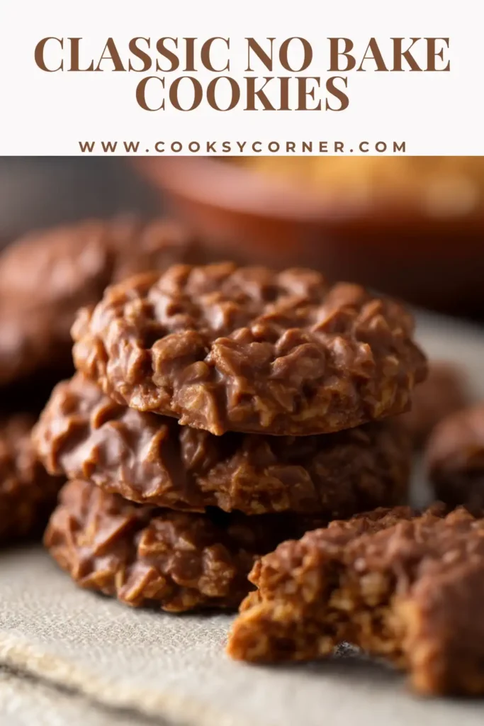 Chocolate peanut butter no-bake cookies with chewy oatmeal texture.
