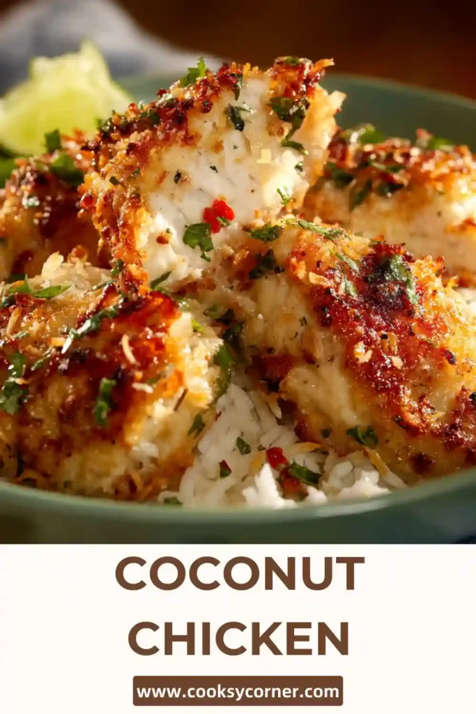 Oven baked coconut chicken strips on a tray.