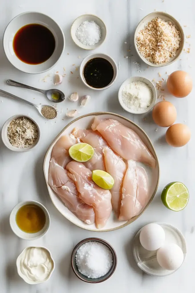 Coconut chicken served hot with creamy sauce.