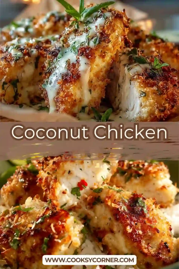 Golden coconut crusted chicken baked until crunchy.