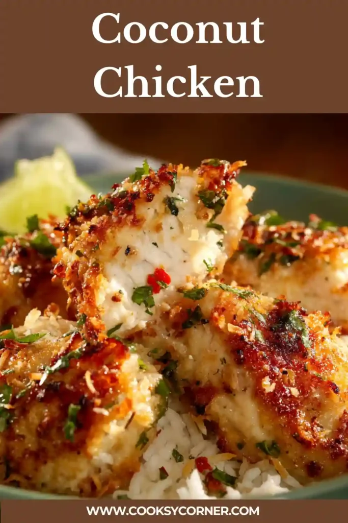 Crispy baked coconut chicken strips served with dipping sauce.