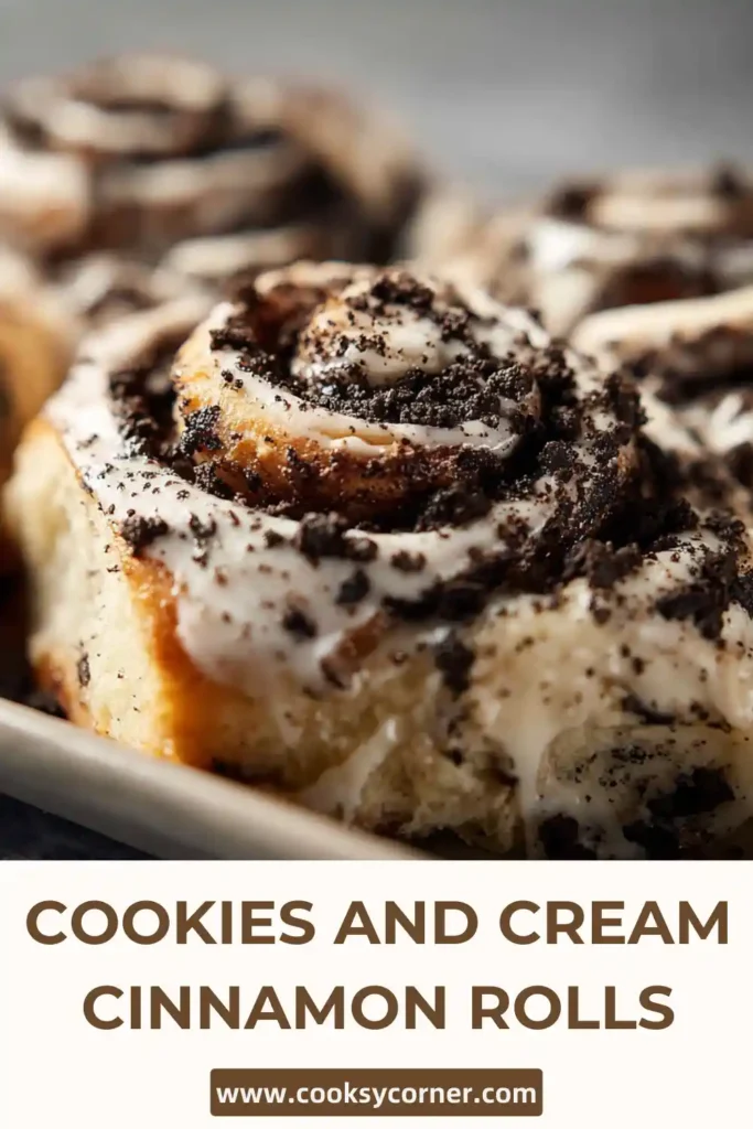Overhead view of homemade cookies and cream cinnamon rolls arranged in a 9x12 pan, generously frosted and sprinkled with crushed cookies.