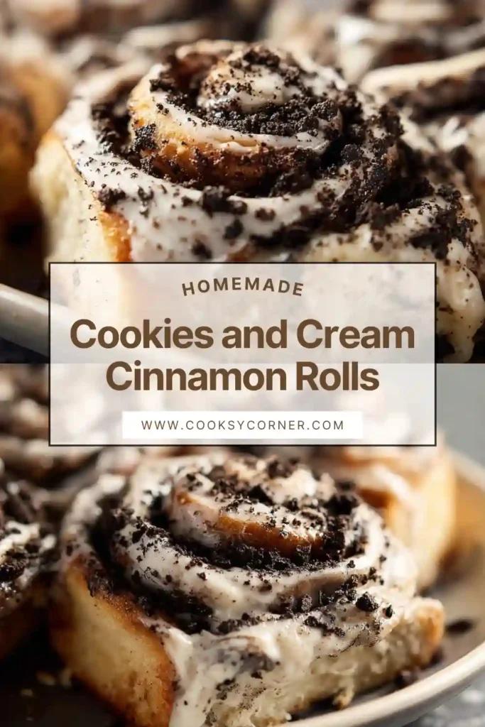 Freshly baked cookies and cream cinnamon rolls topped with cream cheese frosting and crushed chocolate sandwich cookies. The rolls are golden brown, soft, and gooey in a baking pan.