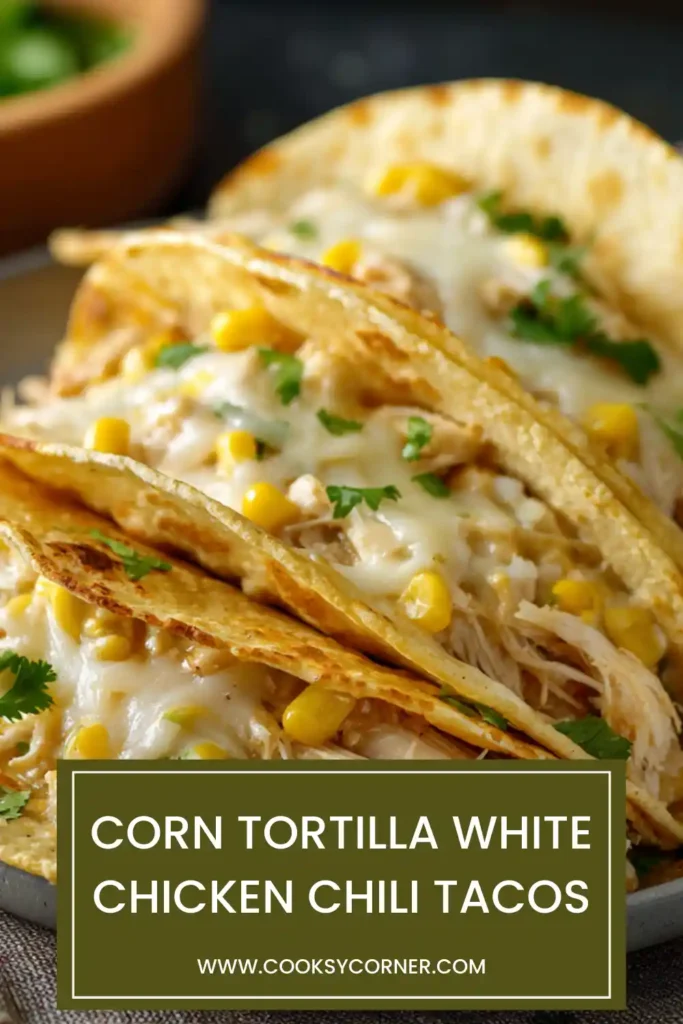 Close-up of chicken chili tacos with corn tortillas and lime wedges on the side.