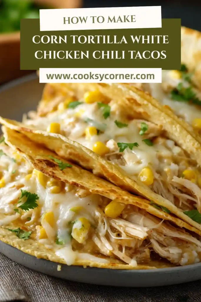 Corn tortilla white chicken chili tacos filled with creamy chicken and white beans, topped with avocado and cilantro.