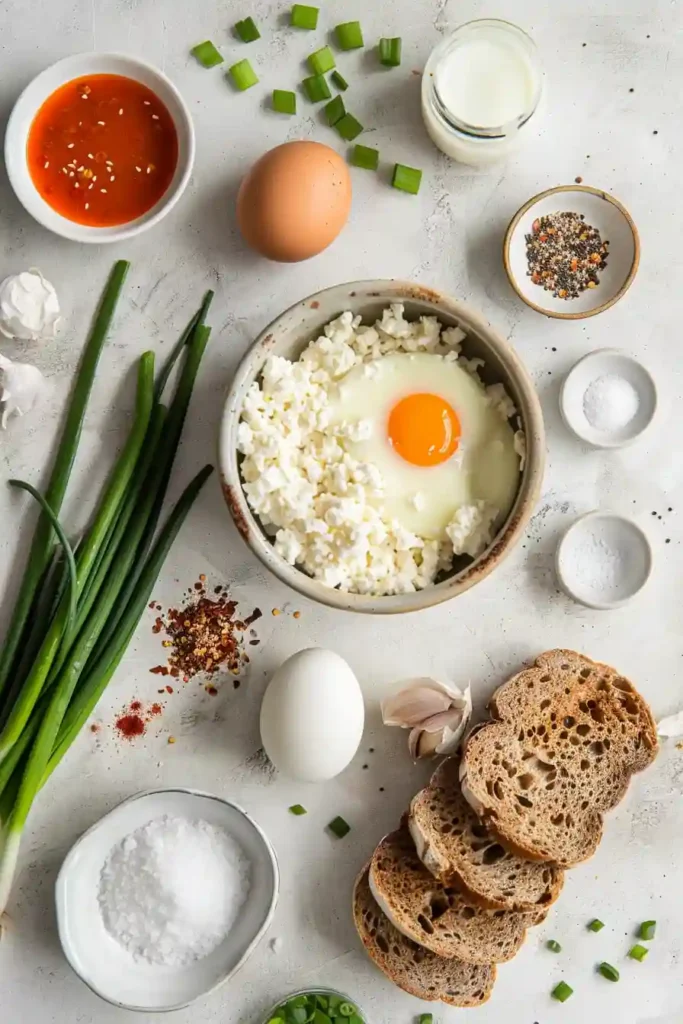 Savory cottage cheese egg toast served warm with spicy sauce.
