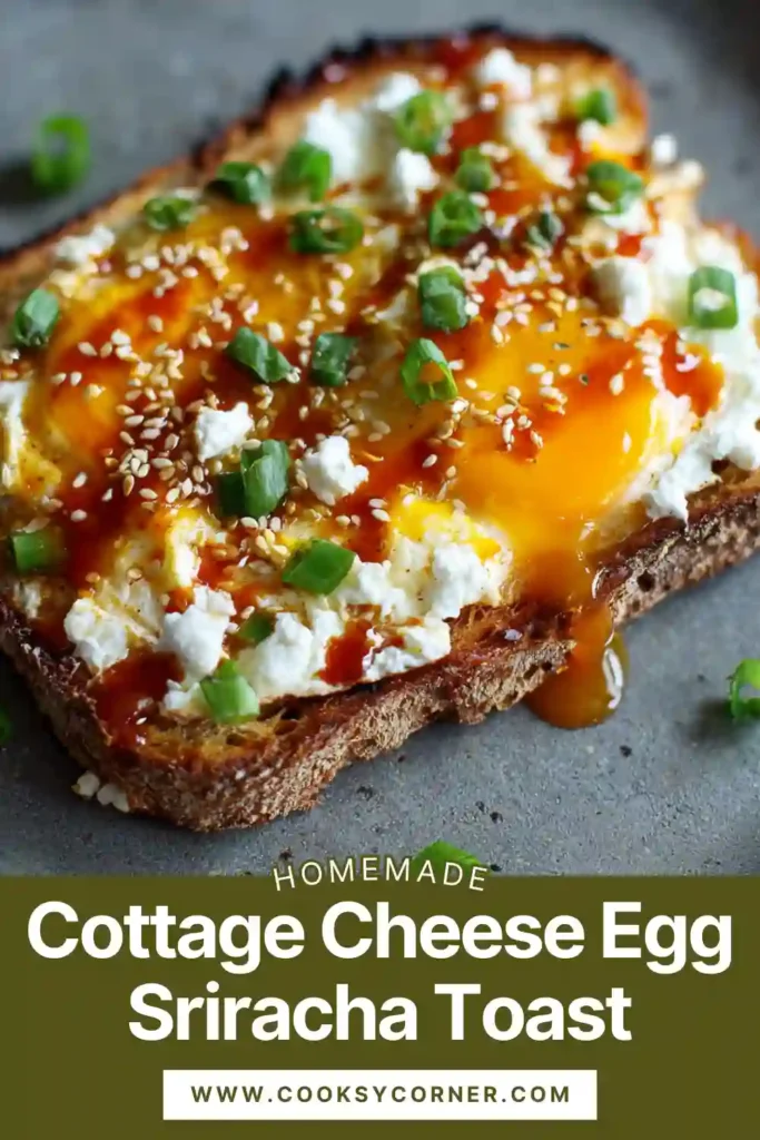 Toast with cottage cheese, egg, and sriracha drizzle. Easy protein breakfast toast.