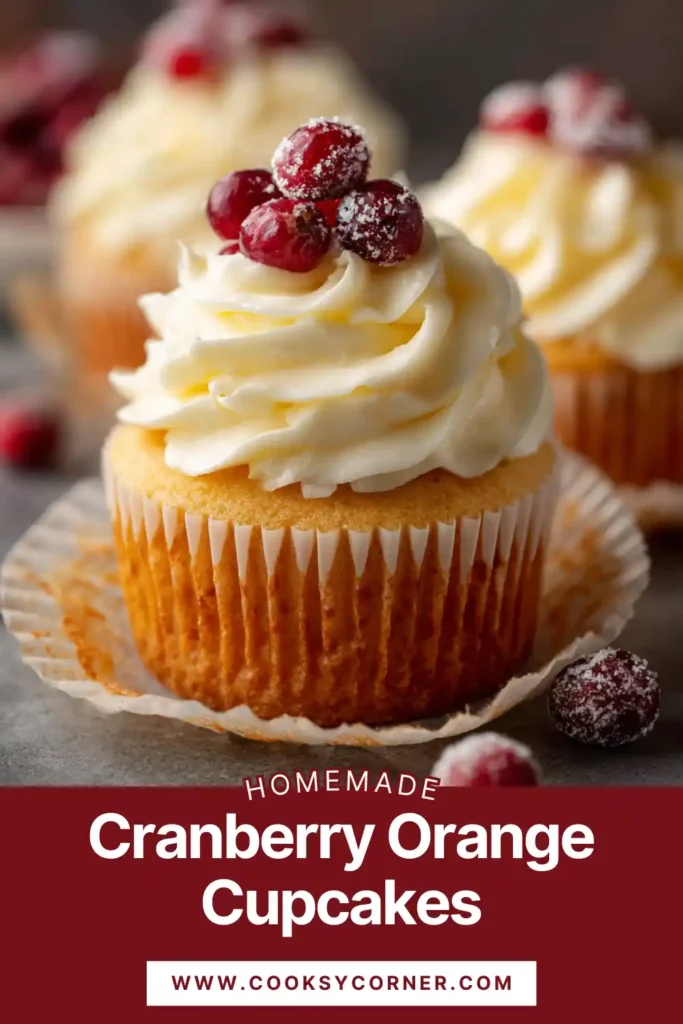 Moist orange cupcake filled with fresh cranberries and piped frosting swirl.