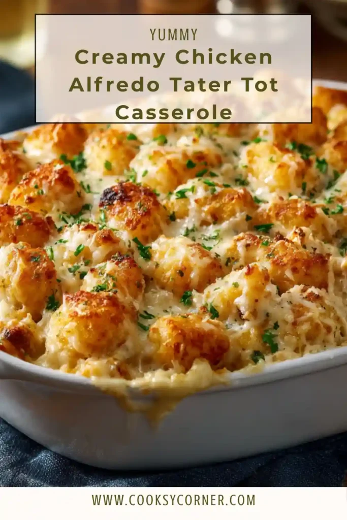 Close-up of chicken Alfredo casserole showing creamy interior and crispy tater tot topping.