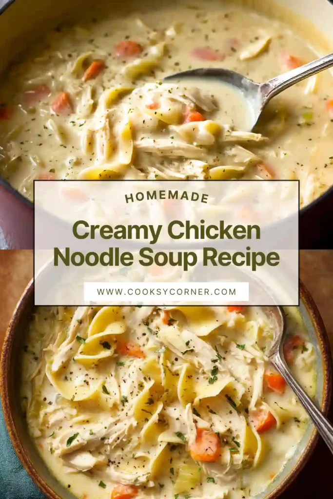 Close-up of creamy chicken noodle soup with herbs and vegetables. A hearty and satisfying comfort food recipe.