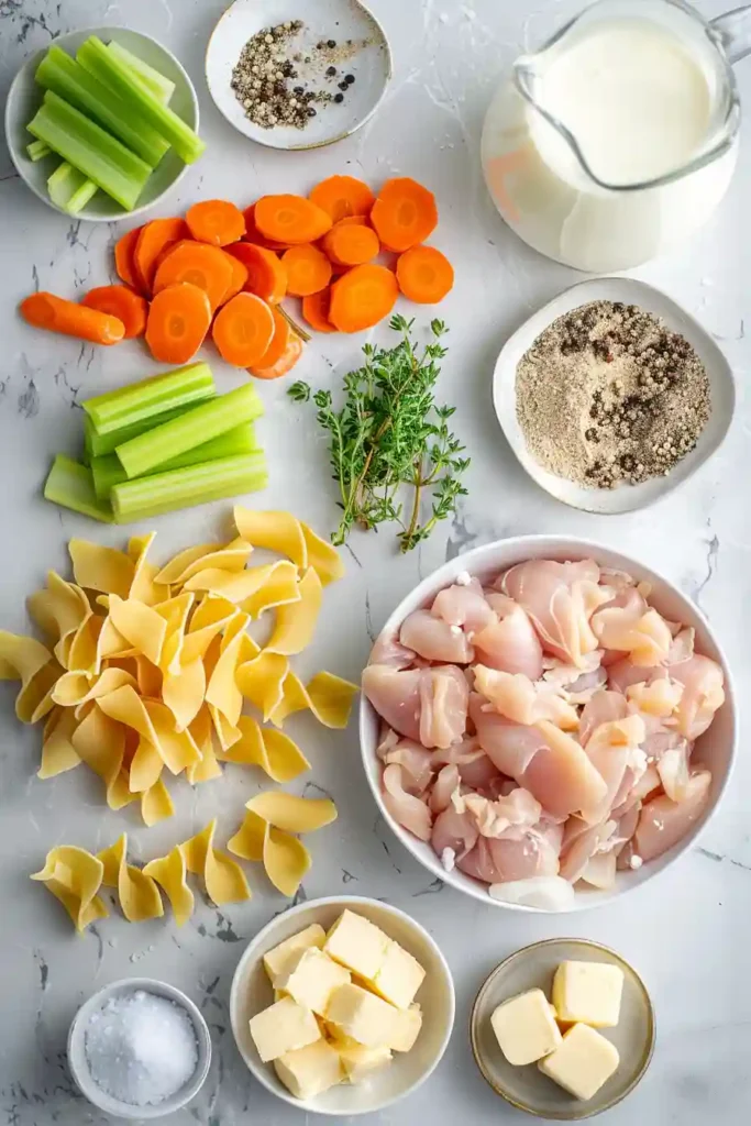 Homemade creamy chicken noodle soup in a bowl, thick and rich with noodles and chicken. Ideal for family dinners.