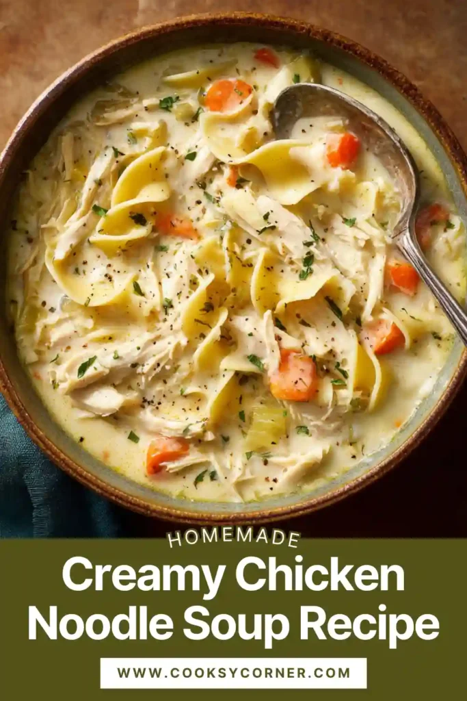 Bowl of creamy chicken noodle soup with shredded chicken, carrots, and egg noodles. A warm and comforting homemade soup.
