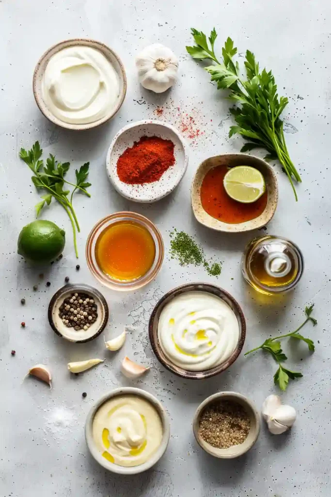 Small bowl of spicy yogurt chipotle sauce surrounded by fresh lime and garlic cloves.