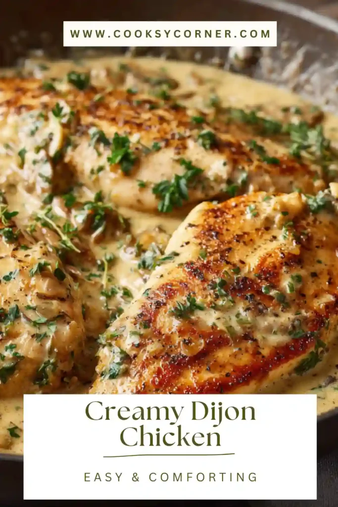 Creamy Dijon chicken served in a skillet with spinach and rich mustard cream sauce spooned over golden chicken breasts.