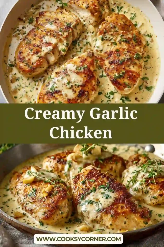 One-pan creamy garlic chicken with smashed garlic cloves.
