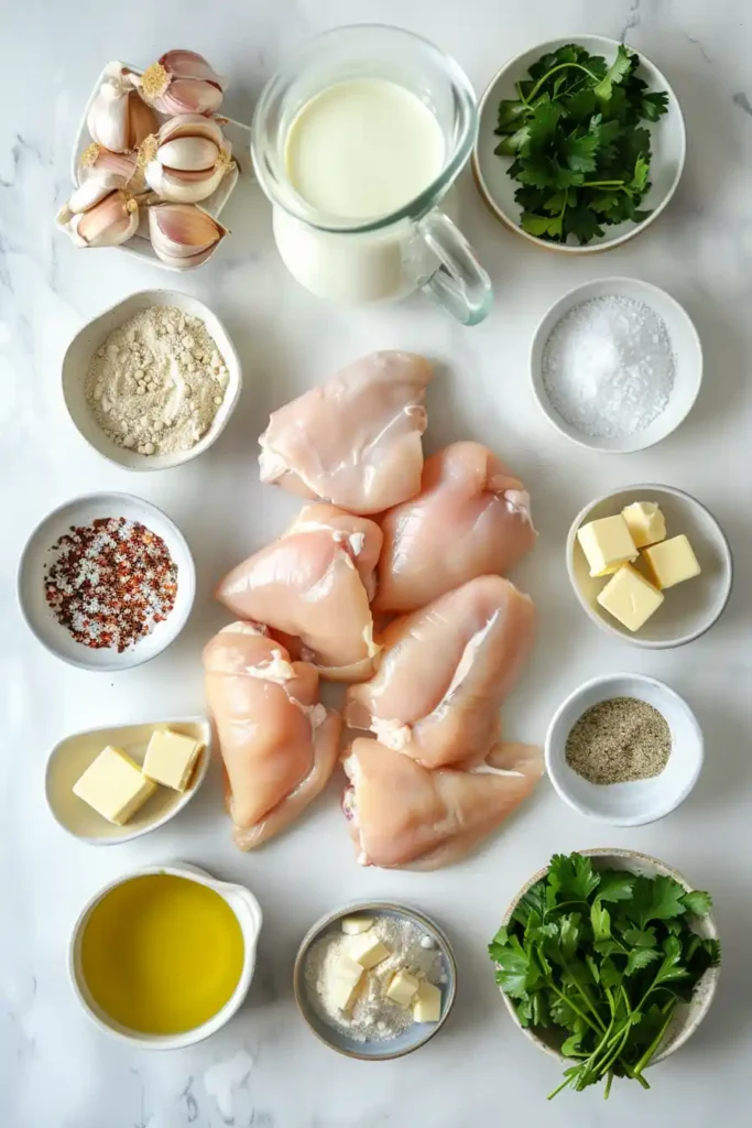 Creamy garlic chicken skillet garnished with parsley.