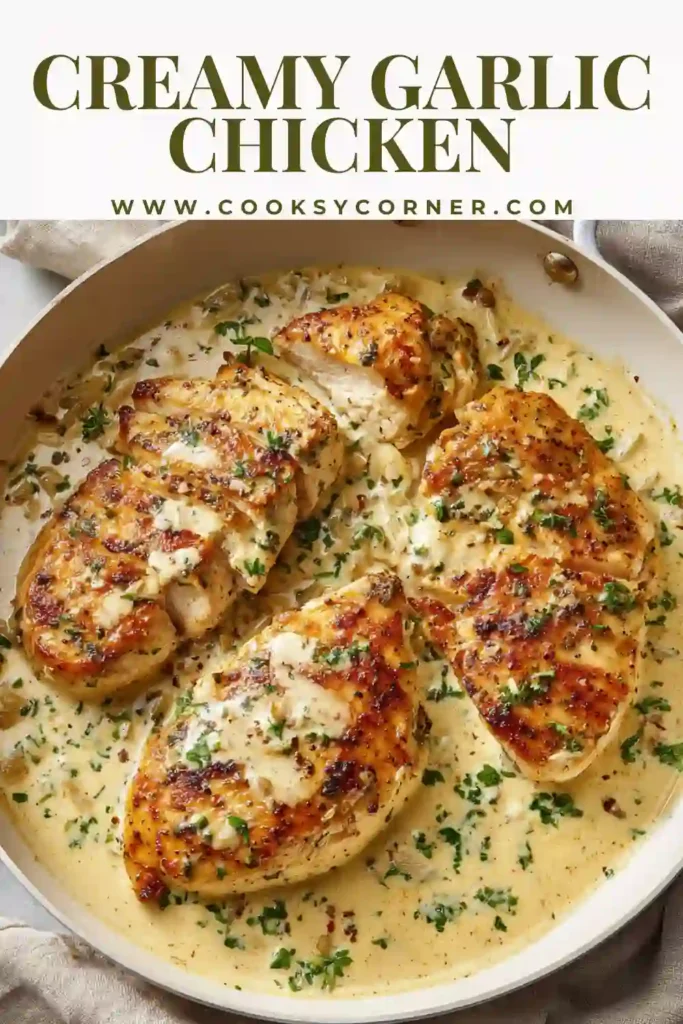 Creamy garlic chicken breast cooked in a skillet with rich sauce.