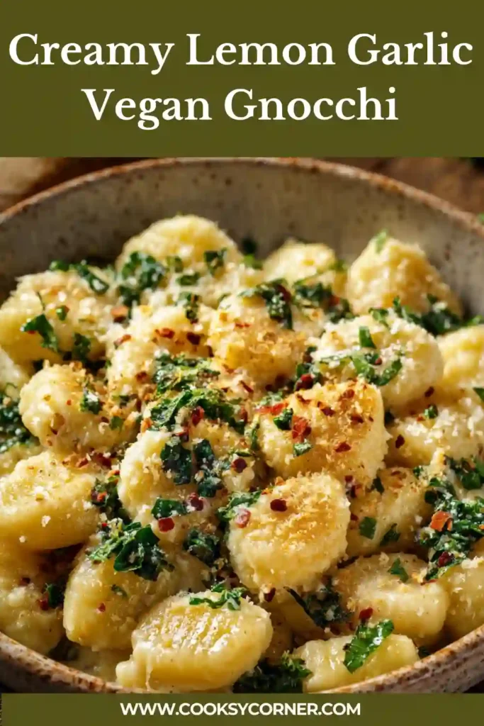 Creamy Lemon Garlic Vegan Gnocchi served in a skillet with tender kale mixed throughout. A bright and comforting plant-based meal.