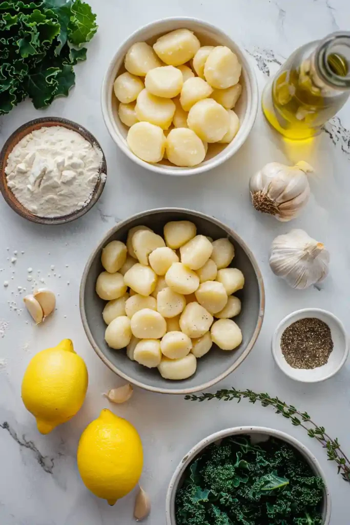 Overhead shot of dairy-free gnocchi tossed in coconut milk sauce with lemon zest and herbs. Garnished with red pepper flakes.