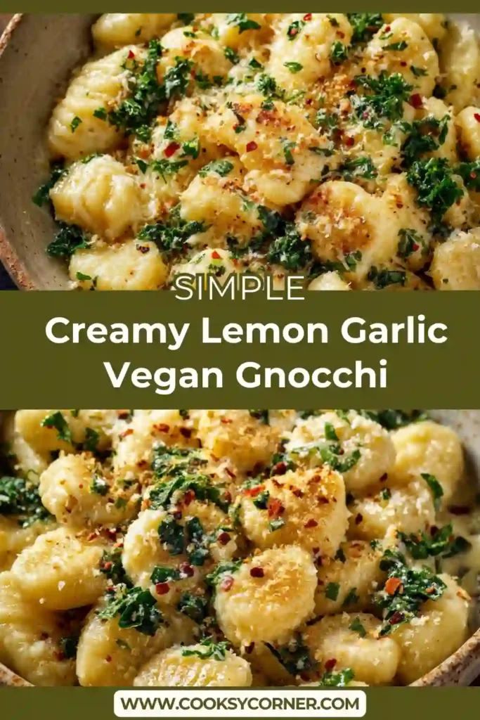 Close-up of lemon garlic vegan gnocchi topped with vegan Parmesan and fresh thyme. The sauce appears creamy and glossy.