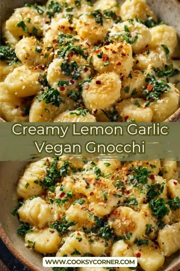 A bowl of Creamy Lemon Garlic Vegan Gnocchi with kale and red pepper flakes. The gnocchi are coated in a smooth coconut lemon sauce.