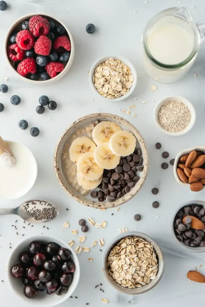 Bowl of Creamy Protein Oatmeal with chocolate chips and fruit. Easy protein oatmeal recipe.