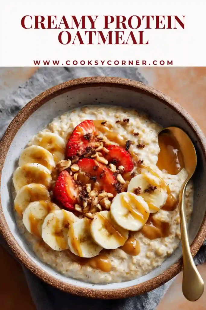 Close-up of Creamy Protein Oatmeal with smooth texture and toppings. A 30 grams protein breakfast bowl.