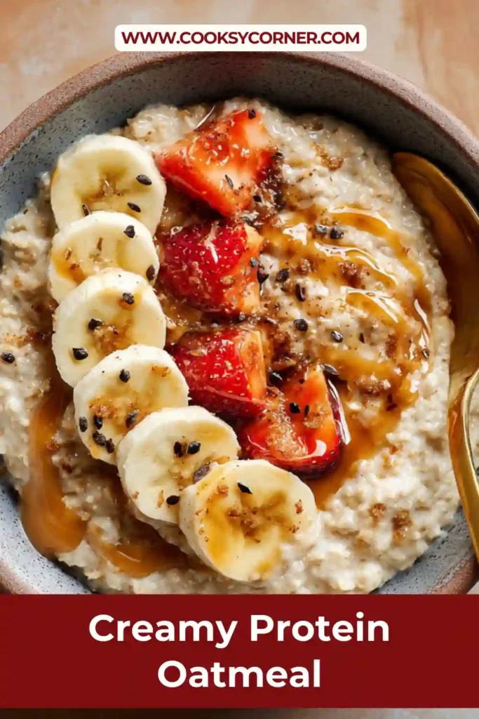 Creamy Protein Oatmeal in a bowl topped with fruit and nuts. High-protein oatmeal made with dairy-free milk and protein powder.