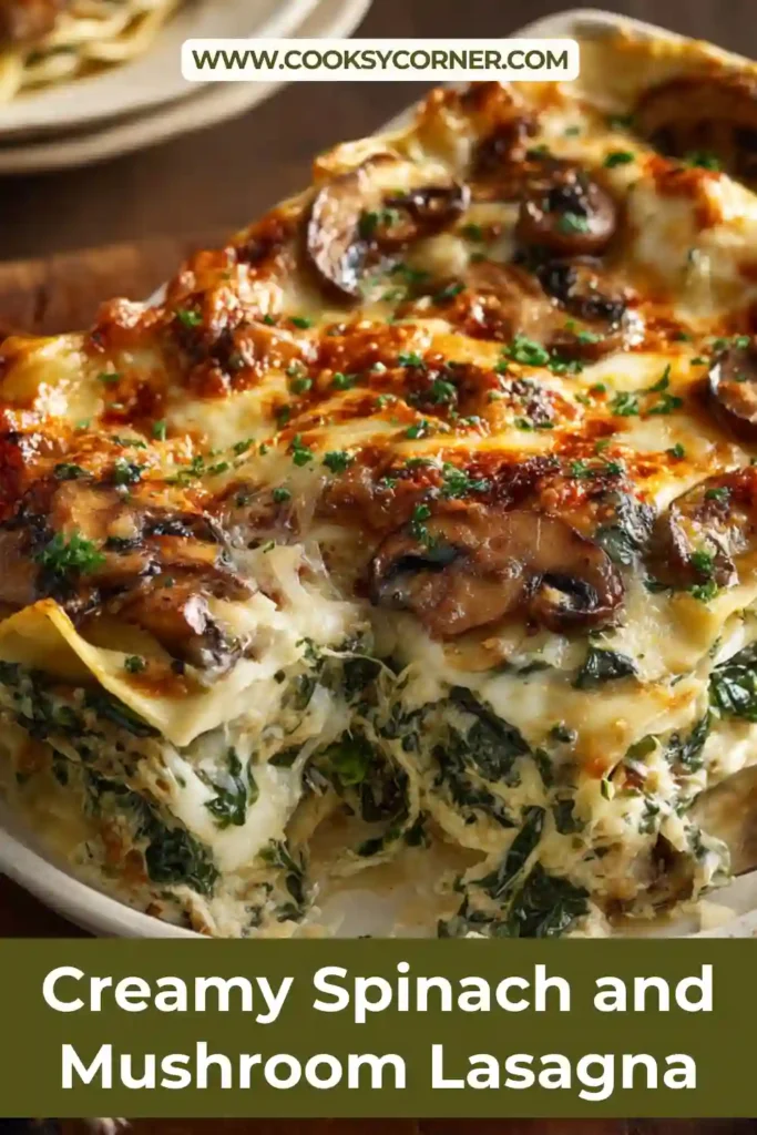 Baking dish of Creamy Spinach and Mushroom Lasagna fresh from the oven.