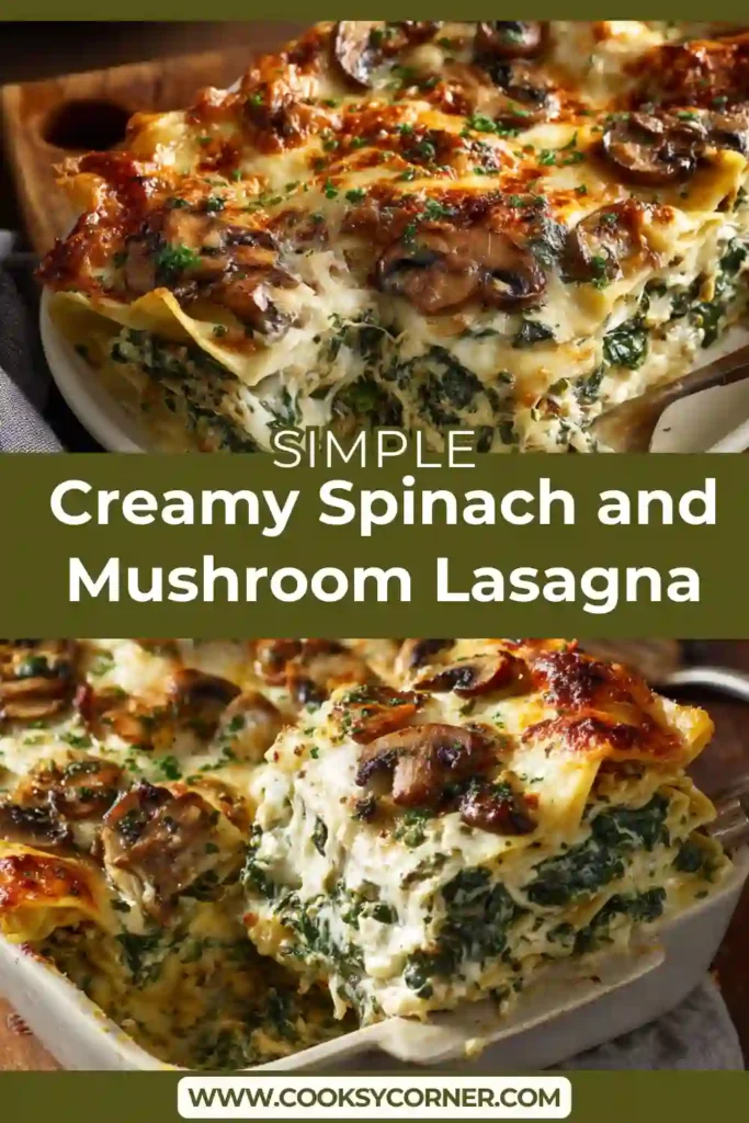 Slice of spinach mushroom lasagna showing creamy white sauce and mushroom filling.