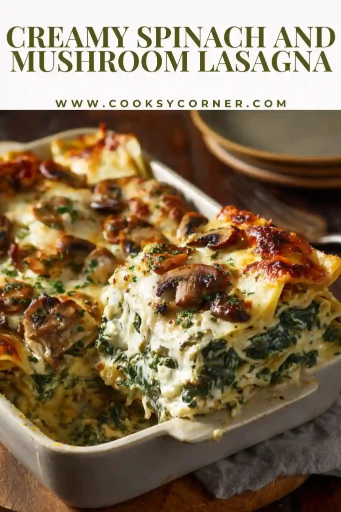 Creamy Spinach and Mushroom Lasagna baked golden with melted mozzarella and visible spinach layers.