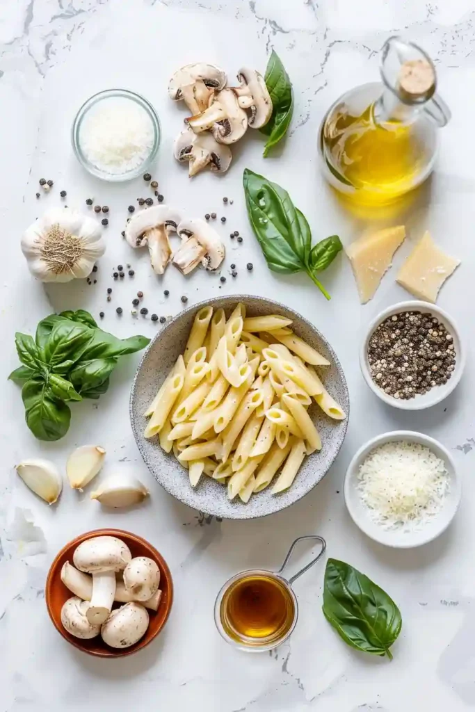 Vegetarian creamy mushroom pasta cooked in a skillet with spinach and fresh basil, perfect for a weeknight meal.