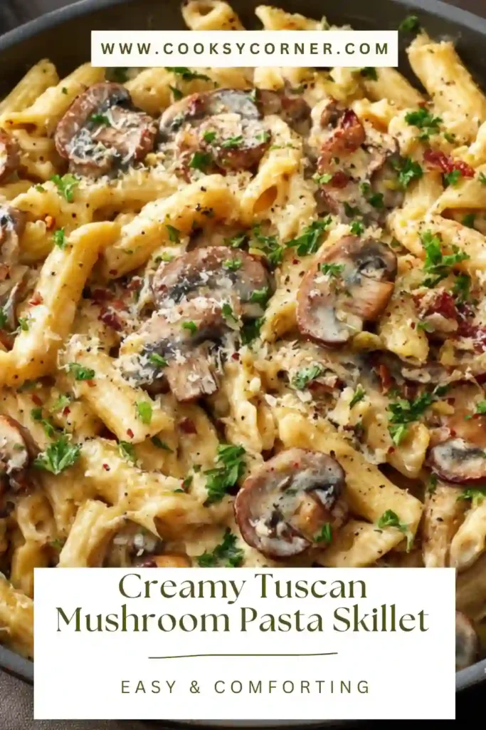 One-pan creamy mushroom pasta with spinach and basil garnish. This Tuscan-style skillet dinner looks rich and comforting.