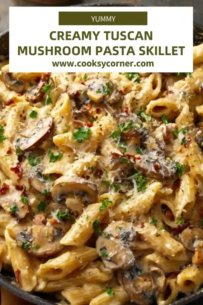 Close-up of creamy Tuscan mushroom pasta skillet showing tender pasta, sautéed mushrooms, and melted Parmesan sauce.