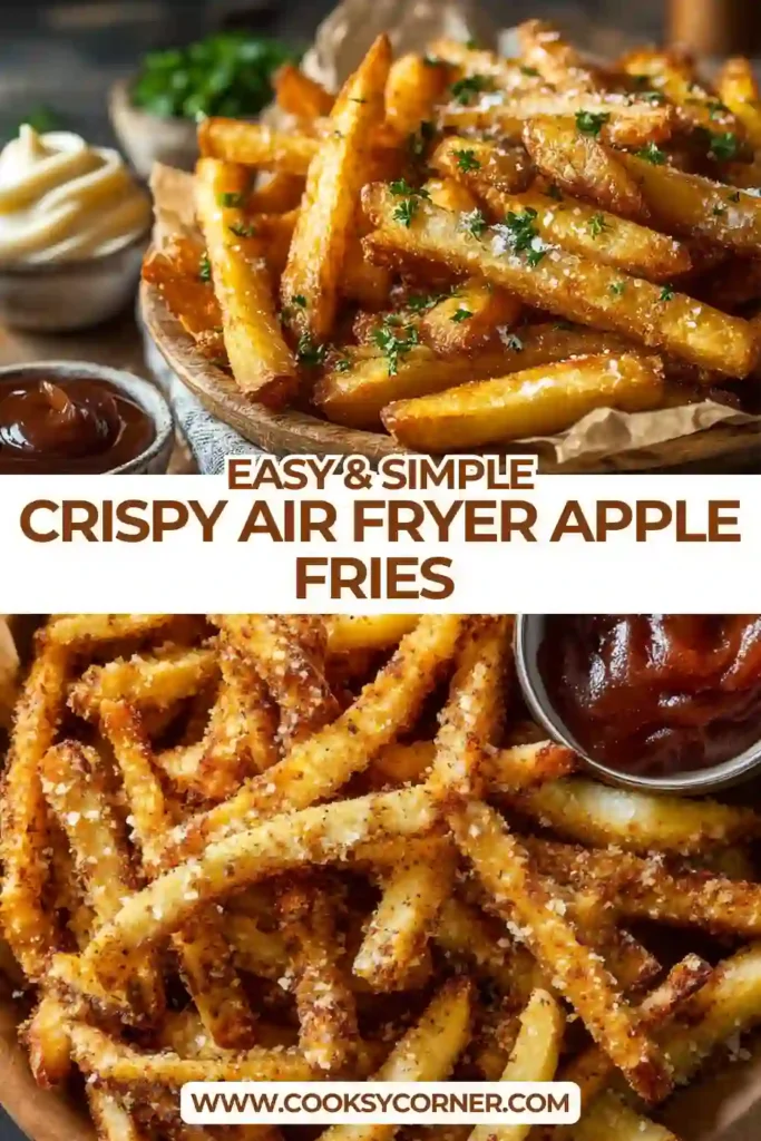 Crispy air fryer apple fries arranged on a plate with cinnamon coating visible and golden edges, showing a healthy homemade apple snack fresh from the air fryer.