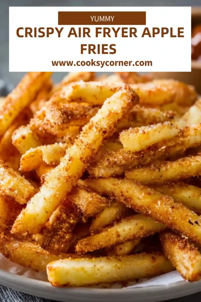 Close-up of crispy air fryer apple fries with warm spices and light flour coating, highlighting texture and natural apple color.