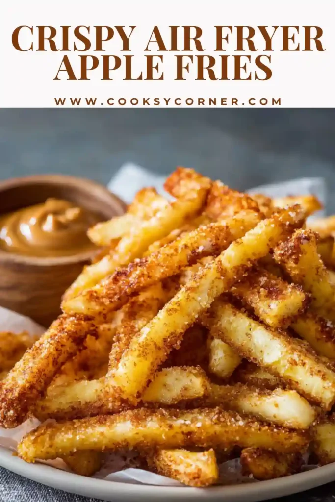 Bowl of cinnamon-coated apple fries made in the air fryer, served warm as a healthy dessert alternative.