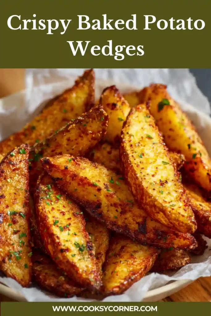 Homemade crispy baked potato wedges served with herbs, showing crunchy edges and soft centers.