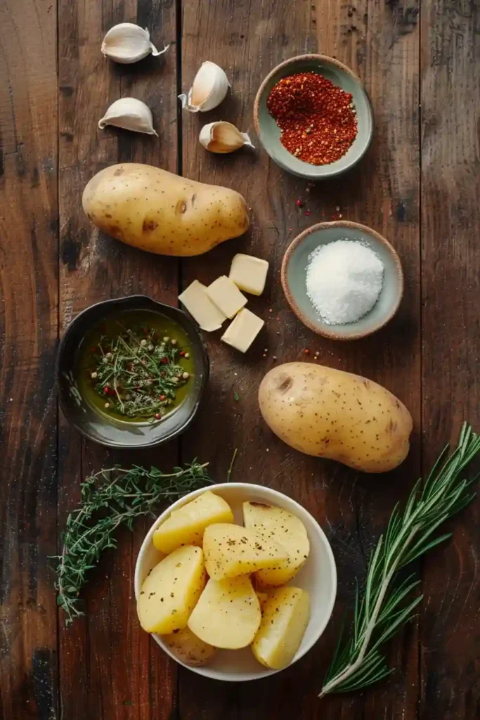 Oven baked potato wedges cooked until golden and crispy, garnished with fresh rosemary and thyme.