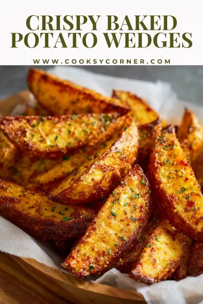 Crispy baked potato wedges arranged on a baking tray, golden brown with herbs and spices. Oven baked potato wedges with a crunchy exterior.
