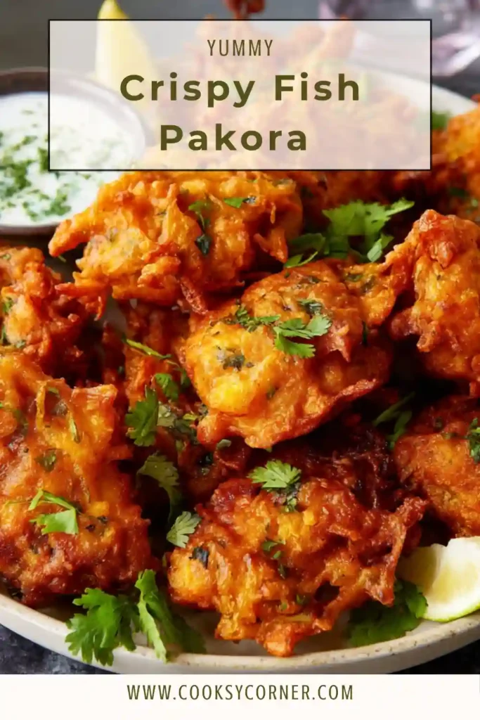 Homemade crispy fish pakora served hot with chutney.