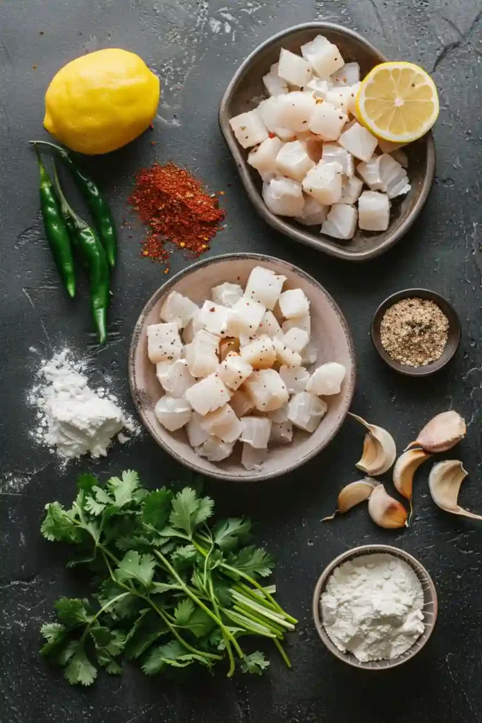 Golden fried fish pakora garnished with chaat masala.