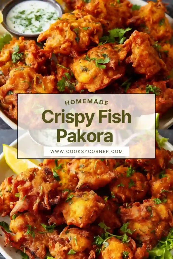 Fish pakora fritters with crunchy coating and tender fish inside.