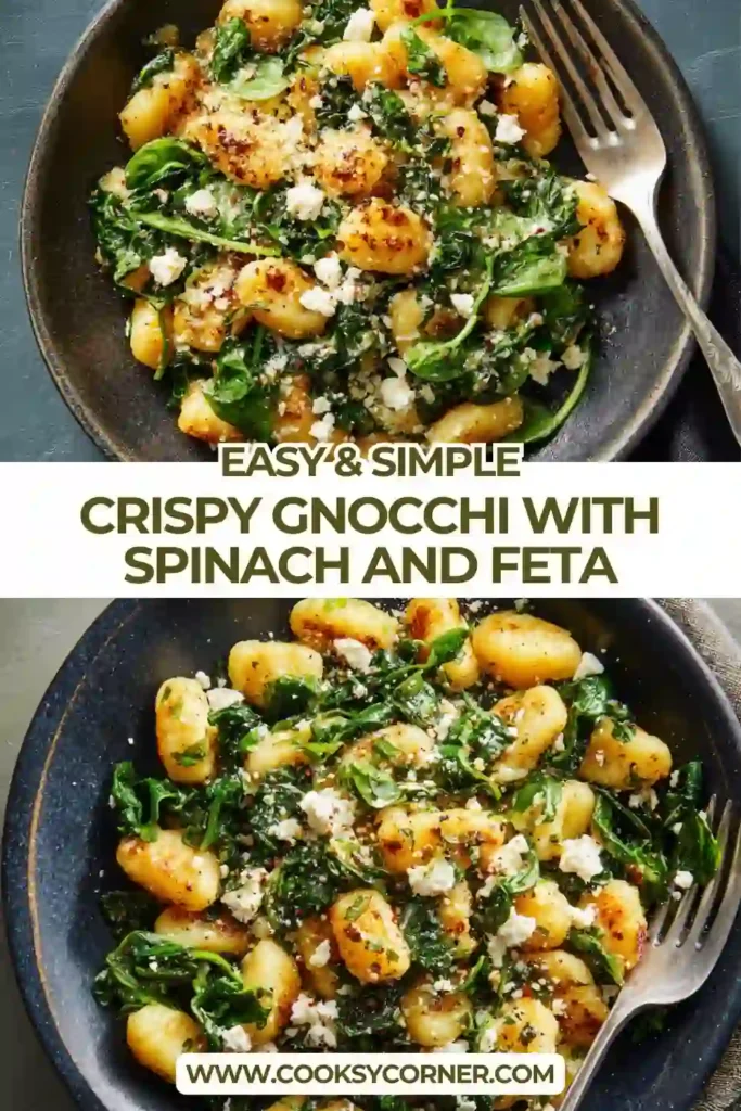 Close-up of pan fried gnocchi tossed with spinach and crumbled feta.