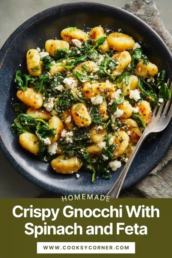 Crispy Gnocchi With Spinach and Feta served in skillet with golden gnocchi and fresh herbs.