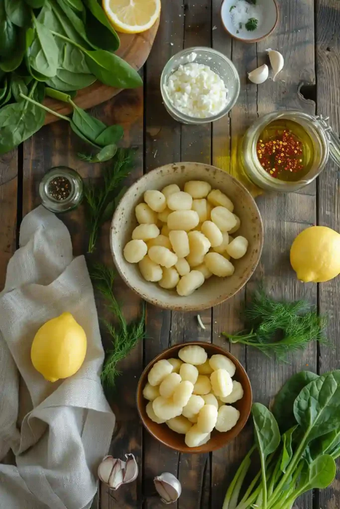 Mediterranean-style gnocchi with feta and scallions on serving plate.
