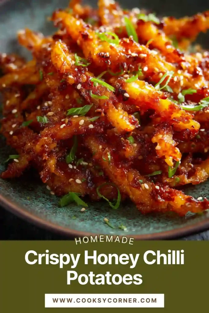 Crispy Honey Chilli Potatoes served in a bowl garnished with sesame seeds and spring onions. Golden potato fingers coated in glossy sweet and spicy sauce.