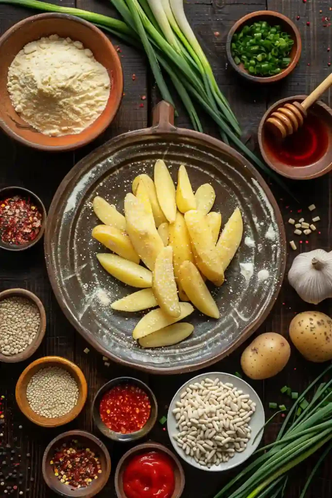 Restaurant style Honey Chilli Potatoes with crispy coating and vibrant red sauce.