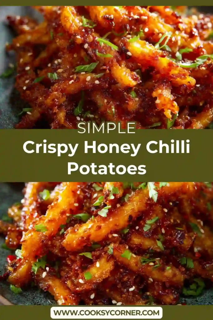 Sweet and spicy Crispy Honey Chilli Potatoes freshly stir fried and ready to serve as an appetizer.