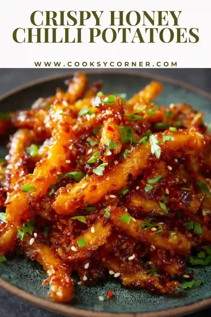 Close up of crunchy honey chilli fries tossed in sticky Indo Chinese sauce with garlic and sesame seeds.